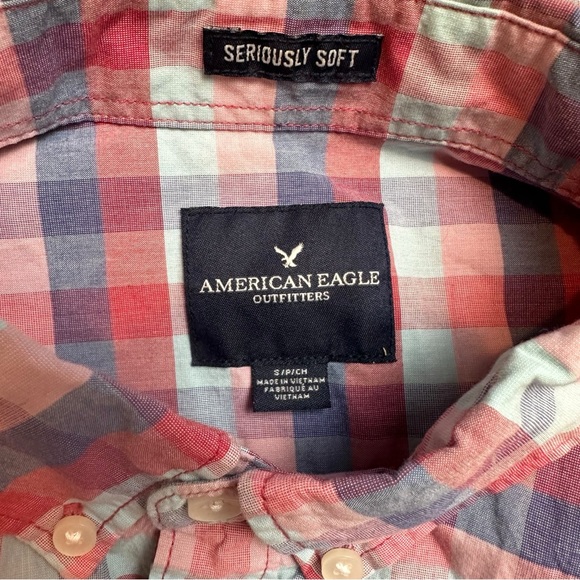 American Eagle Seriously Soft Plaid Button Down Shirt Red/Blue Long Sleeve S - Picture 7 of 8